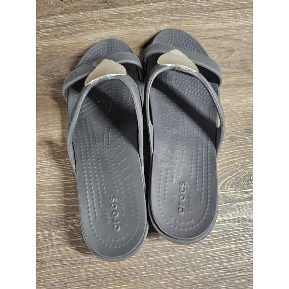 Crocs Sanrah Silver Hammered Tear Drop Design Sandal Womens Size 10 Black Shoe - Picture 5 of 7